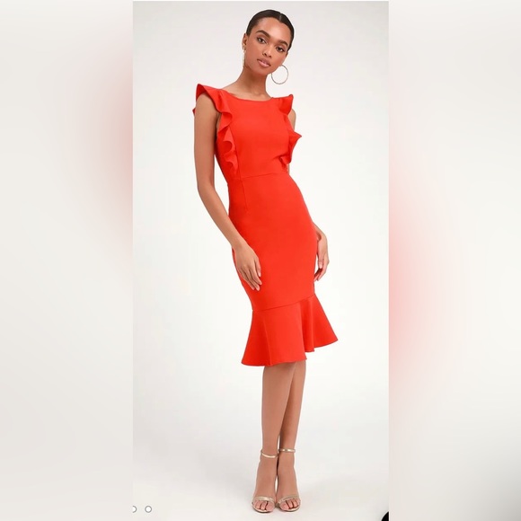 Lulus Medium Coral Orange Ruffled Bodycon Midi Dress- Great condition, worn once - Picture 1 of 5